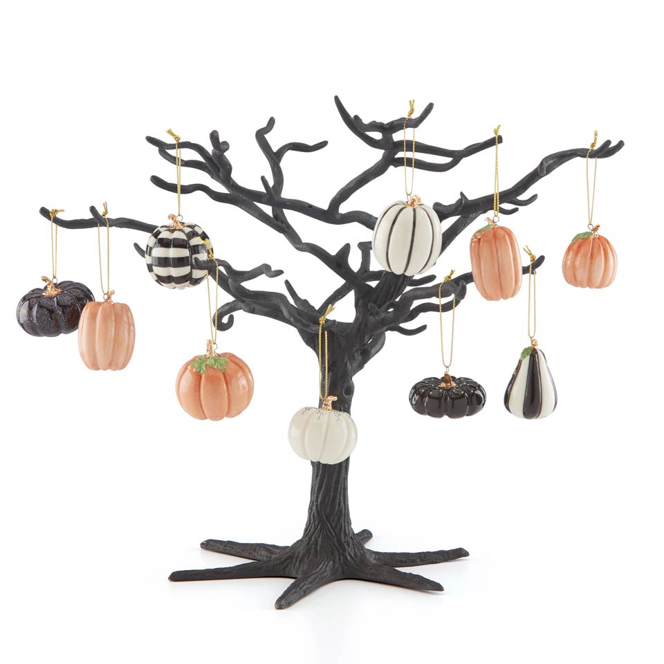 Mini Pumpkin 10pc Ornament & Black Metal Tree Set