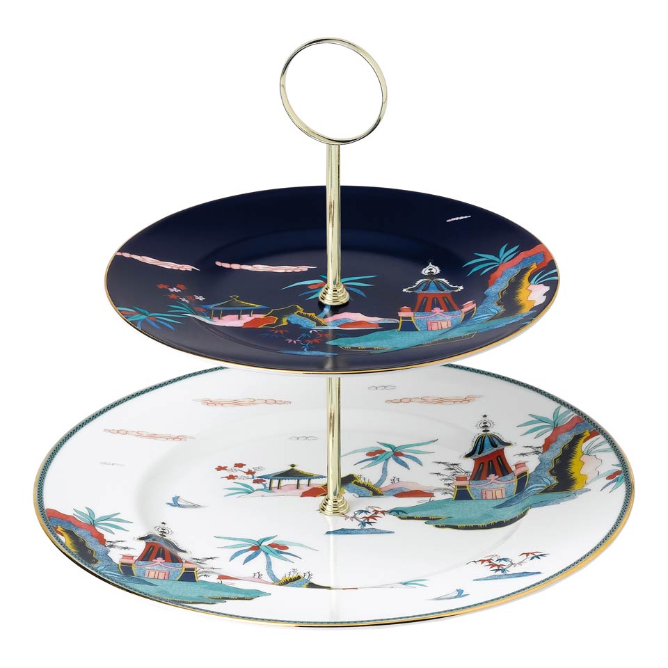 Cake Stand Two - Tier Blue Pagoda