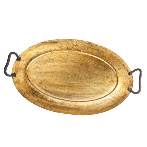 $190.00 Rimmed Oval Metal Tray, Gold Antiqued, Large