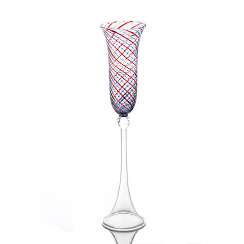 $43.00 Champagne Flute, Blue/Red Swirl Top, Set Of 4