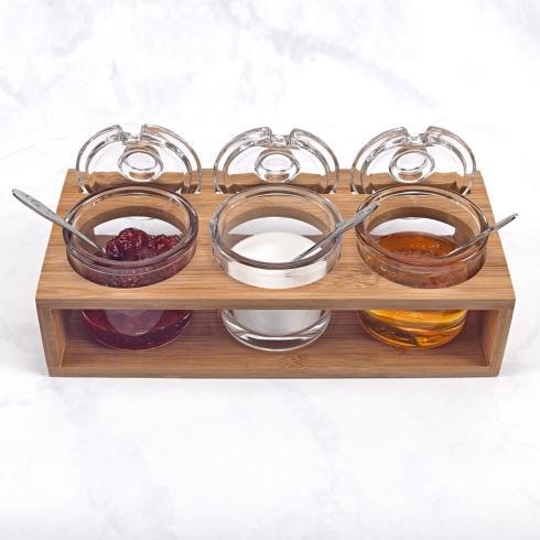 $59.95 Glass Jam Set With 3 Glass Jars and Spoons on a Wood Stand
