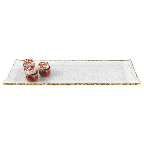 $59.95 Hand Decorated Gold Leaf Edge Rectangular Mouth Blown Glass 18 x 6.5"  Serving Platter or Tray