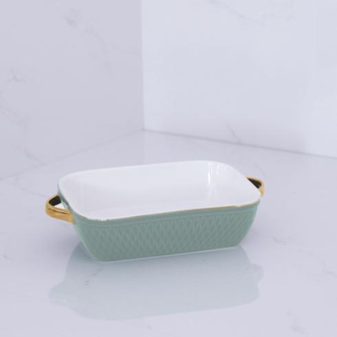 $45.00 Small Rectangular Baker with Gold Handles (Sage)