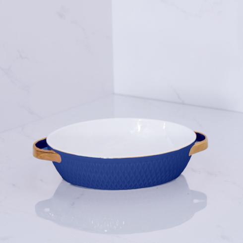 $45.00 Small Oval Baker with Gold Handles (Blue)