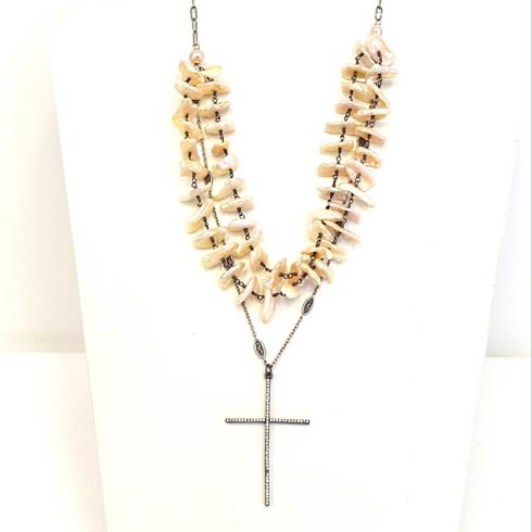 $310.00 Cubic Zirconia Cross with Pink Heishi Pearl 3 Strand Necklace