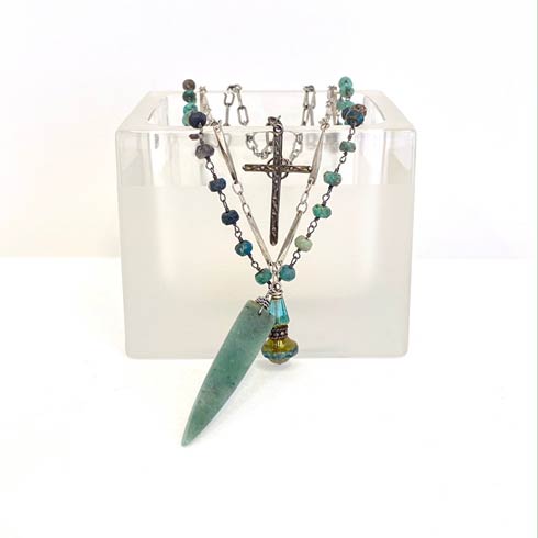 $198.00 Amazonite Point Drop on Turquoise Rosary 2 Strand Necklace