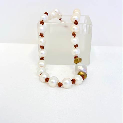 $172.00 Pearl and Brown Leather Necklace