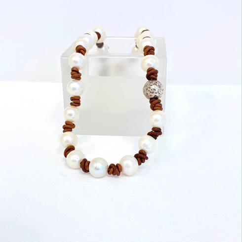 $218.00 Pearl with Sterling Silver Hammered Bead Necklace