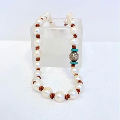$188.00 Pearl, Sterling Silver Hammered Bead and Turquoise Necklace