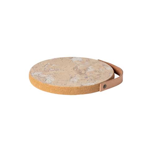 $27.00 Cork Trivet with Leather Handle, White-natural