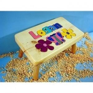 $85.00 Childs Step Stool With Puzzle Name &amp; Flowers Natural wood jewel tone letters