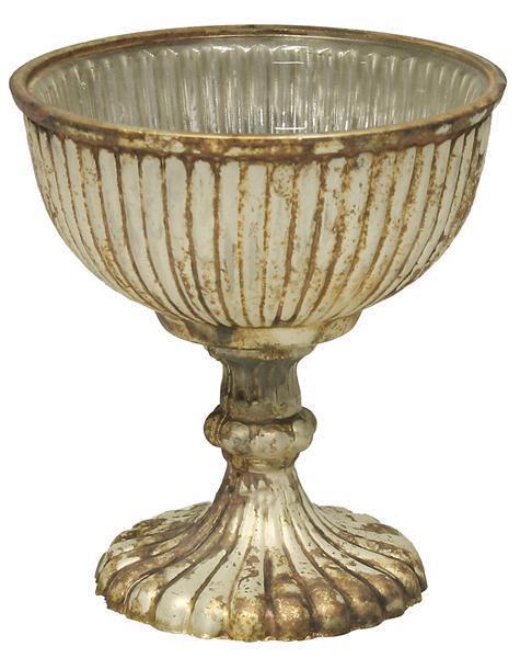 $18.95 5" H X 4.75" GLASS RIBBED COMPOTE White Patina 