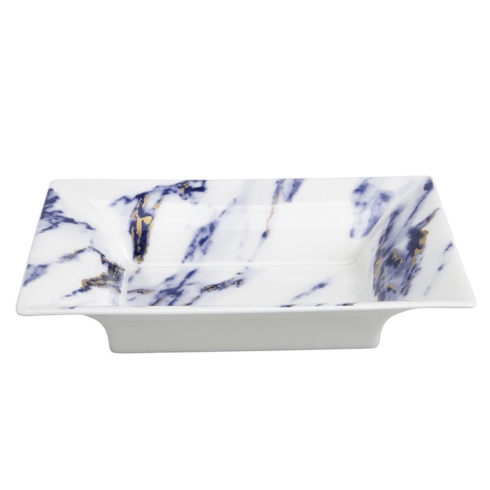 Prouna Marbled 24K gold accent Porcelain canape Tray 13 x 6 1/2" in Azure Blue 