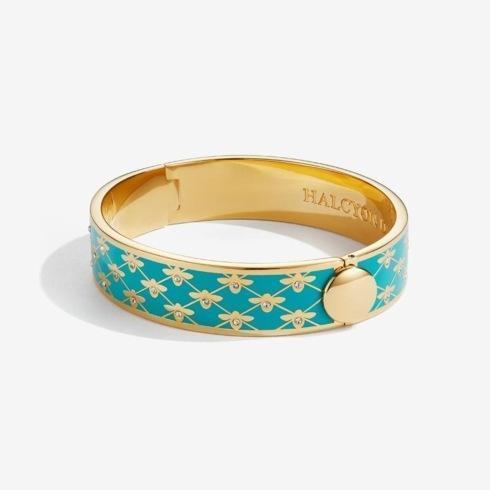 $240.00 Bee Sparkle Turquoise and Gold hinged bangle