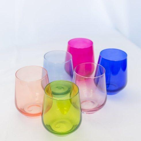 $170.00 Colored Wine Stemless Mixed Set/6