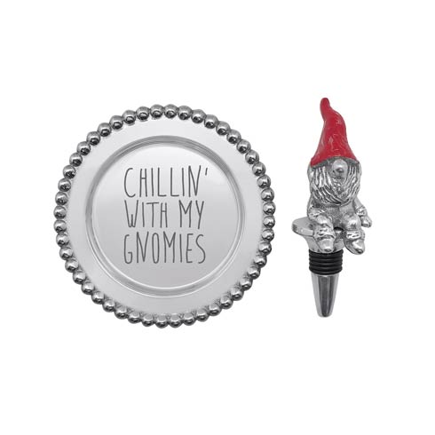 Gnome with Red Hat Bottle Stopper & "Chillin\' With My Gnomies" Beaded Wine Plate Set