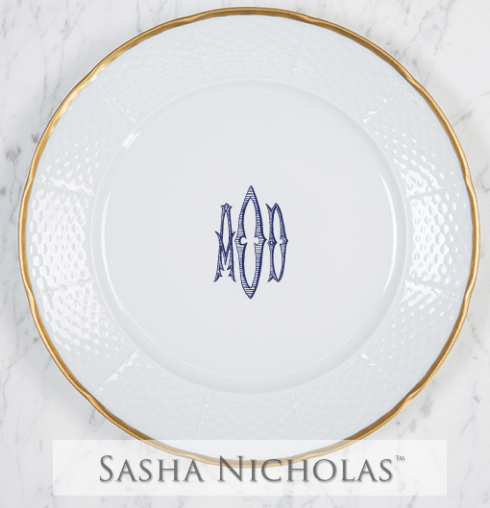 Sasha Nicholas   Weave Gold Dinner Plate With Monogram $80.00